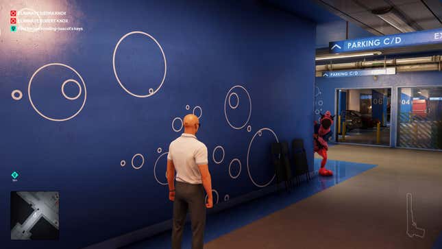 A person in a mascot outfit leans out from the corner.