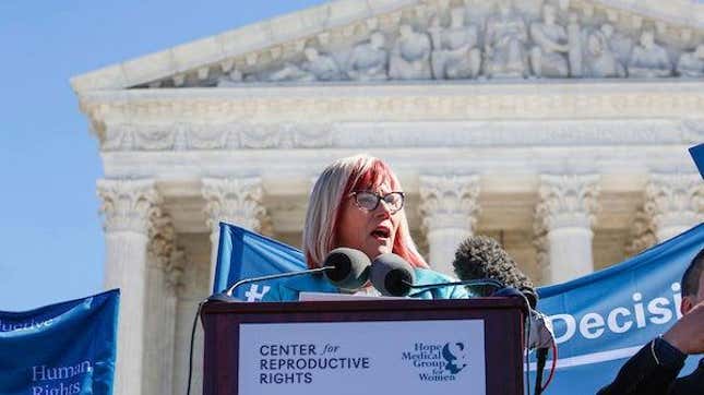 Amy Hagstrom Miller, president and CEO at Whole Woman’s Health, speaks to abortion rights supporters during a rally at the U.S. Supreme Court in 2020.