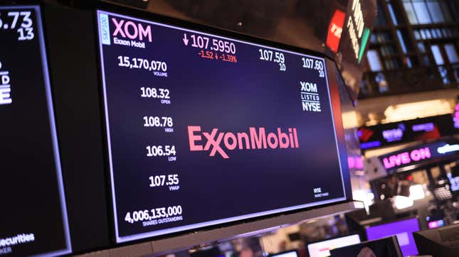 The ExxonMobil company logo is displayed on a screen at the New York Stock Exchange.
