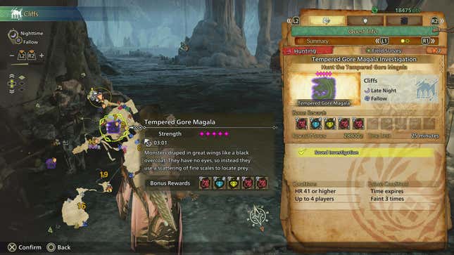 An Investigation Summary screen for a Tempered Gore Magala.v