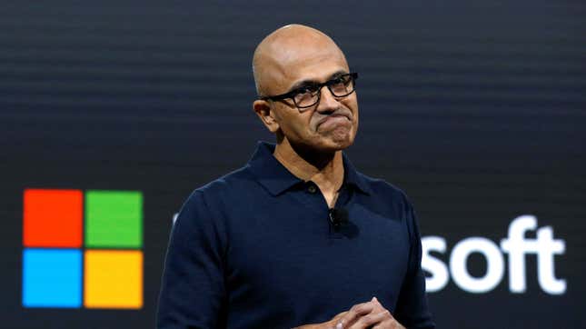 Microsoft CEO Satya  Nadella speaks at Microsoft’s live event in New York.