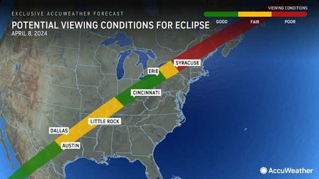 The viewing forecast for the upcoming eclipse, 31 days out.