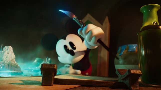 Mickey holds a brush.