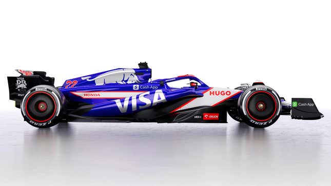 A photo of the blue, white and red Visa CashApp RB formula 1 car. 