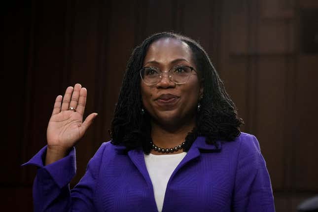 U.S. Supreme Court nominee Judge Ketanji Brown Jackssworn sworn-in during her confirmation hearing before the Senate Judiciary Committee in the Hart Senate Office Building on Capitol  Hill on March 21, 2022, in Washington, DC.