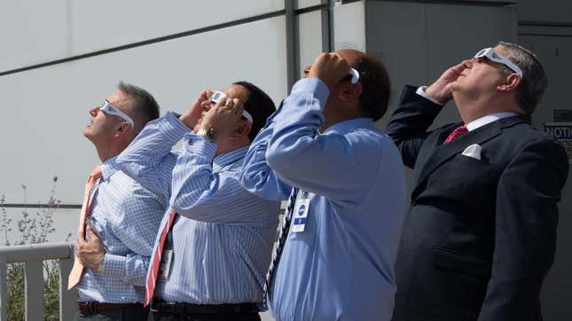 NASA employees and visitors enjoying the total solar eclipse on August 21, 2017.
