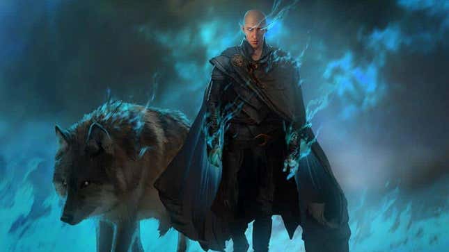 Solas and a wolf appear out of blue flames. 
