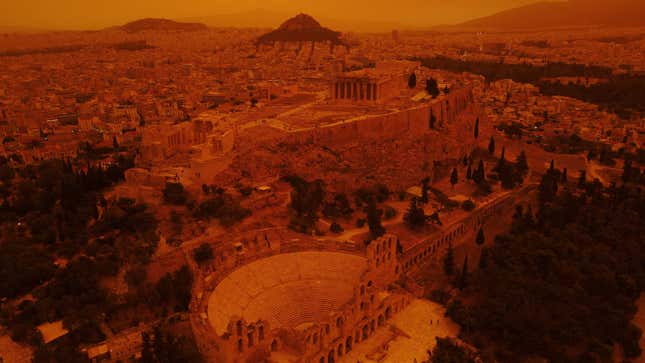 Image for article titled Photos: Hellish Dust Storm in Greece Leaves Athens Dark Orange