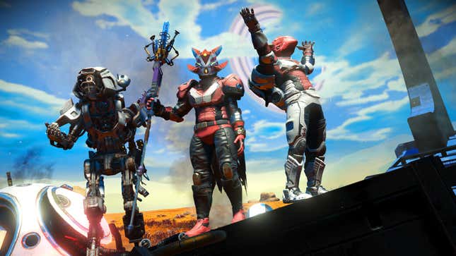 No Man's Sky characters stand on a grassy planet.