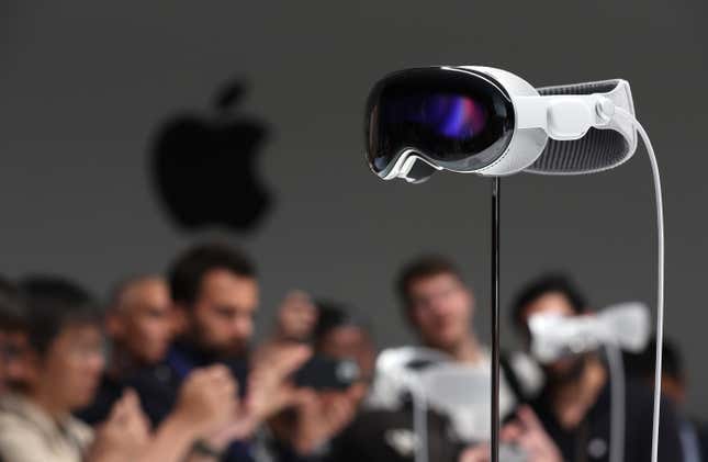 The new Apple Vision Pro headset is displayed during the Apple Worldwide Developers Conference on June 05, 2023 in Cupertino, California. 