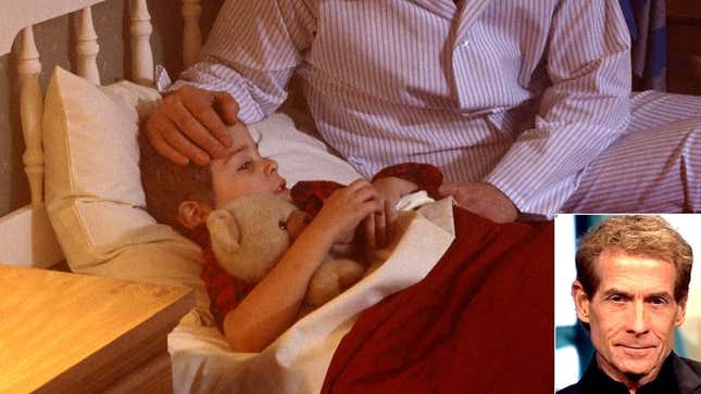5-year-old Caleb lays in bed as his parents comfort him.