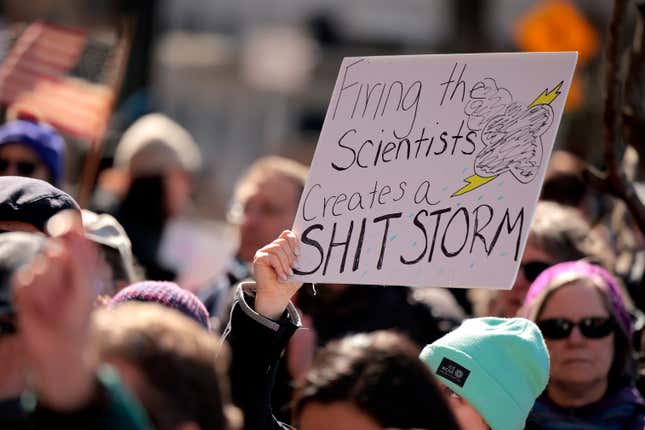 Hundreds of demonstrators gather to protest against Department of Government Efficiency (DOGE) cuts outside the headquarters of the National Oceanic and Atmospheric Administration on March 03, 2025 in Silver Spring, Maryland