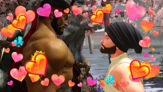 A Street Fighter character is seen kissing in Ryu's direction while heart emojis surround them both.