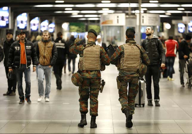 Belgian soldiers patrol in the arrival hall at Midi railway station in Brussels, November 21, 2015, after security was tightened in Belgium following the fatal attacks in Paris. Belgium raised the alert status for its capital Brussels to the highest level on Saturday, shutting the metro and warning the public to avoid crowds because of a "serious and imminent" threat of an attack.