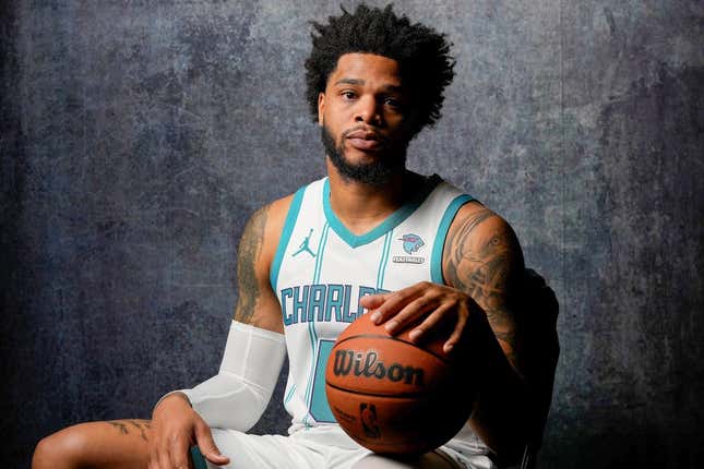 Oct 2, 2023; Charlotte, North Carolina, USA;  Charlotte Hornets Miles Bridges (0) poses for a photo during Charlotte Hornets Media Day at the Spectrum Center.