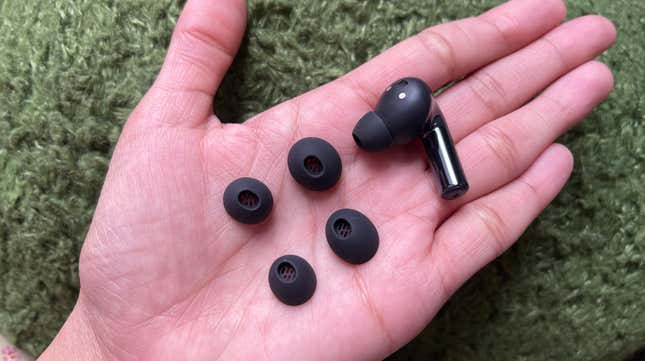 A photo of a person holding the various eartip sizes.