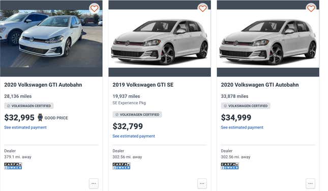 A screenshot from Autotrader showing how much more expensive Volkswagen GTIs are than Mini Cooper S'
