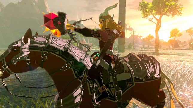 Link shoots a ruby arrow while riding on a horse. 