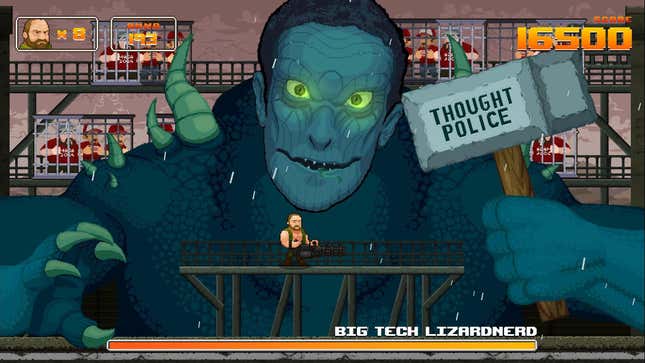 Alex Jones game screenshot showing creature holding a sledgehammer emblazoned with "thought police."
