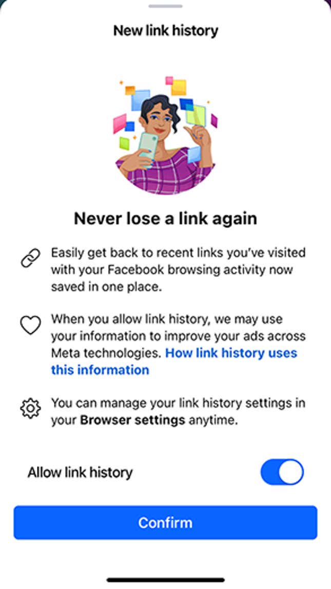 A screenshot of a pop-up describing Facebook's new Link History setting