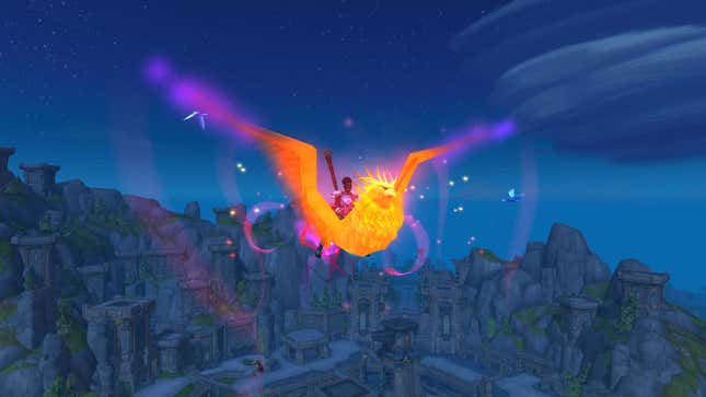 A player character flies on a mount.
