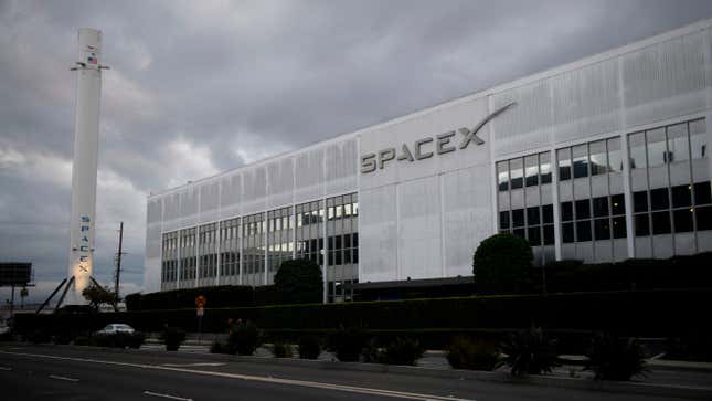A Falcon 9 rocket is displayed outside the SpaceX headquarters on January 28, 2021 in Hawthorne, California. 