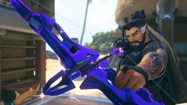 Hanzo pulls back on his bow.