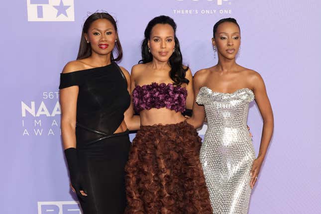  Emayatzy Corinealdi, Kerry Washington, and Ebony Obsidian attend the 56th NAACP Image Awards at Pasadena Civic Auditorium on February 22, 2025 in Pasadena, California.