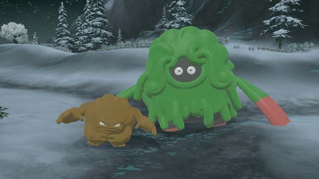 A shiny Graveler and Tangrowth stand in a snowy area.