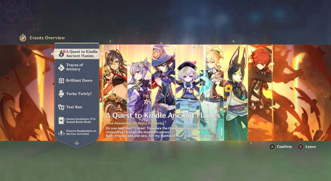 The Events Overview Menu, highlighting seven different characters.