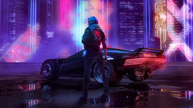 V stands in front of her car in front of neon lights. 