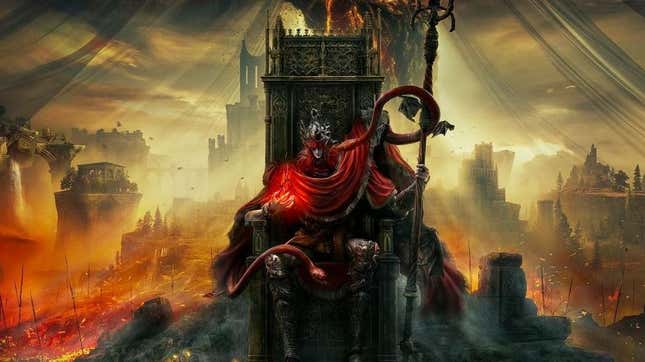 A stranger in a red cloak sits on a throne. 