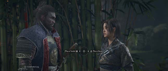 The player is prompted with a choice between Yasuke and Naoe.