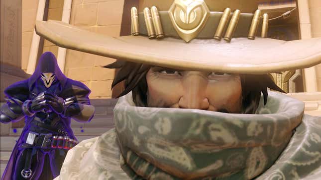 A screenshot of damage hero Reaper sneaking up behind the newly named cowboy, Cole Cassidy.