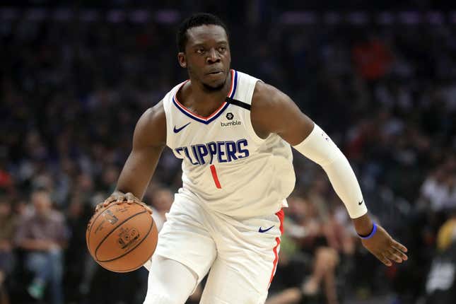 Reggie Jackson of the LA Clippers dribbles upcourt during the first half of a game against the Memphis Grizzlies at Staples Center on February 24, 2020 in Los Angeles, California.