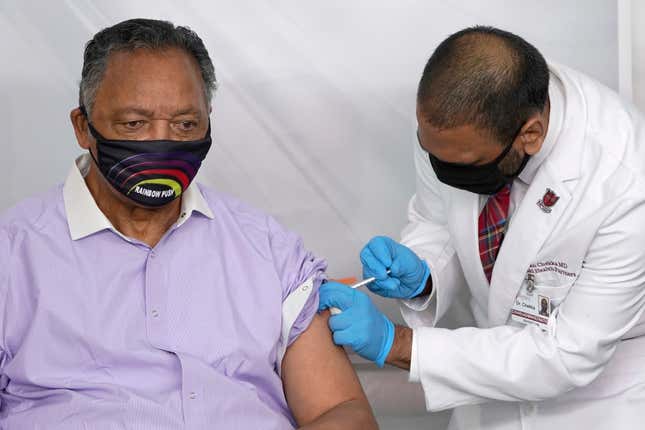 In this Friday, Jan. 8, 2021 file photo, Rev. Jesse Jackson receives the Pfizer’s BioNTech COVID-19 vaccine from Dr. Kiran Chekka, Covid Administration Physician at the Roseland Community Hospital in Chicago. The Rev. Jesse Jackson and his wife, Jacqueline, have been hospitalized after testing positive for COVID-19 according to a statement Saturday, Aug. 21, 2021. 