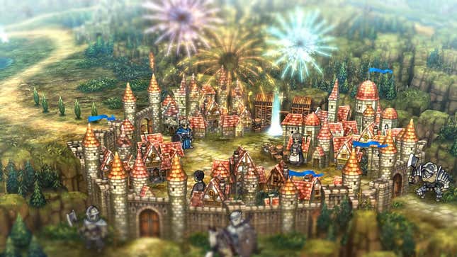 Fireworks explode over a walled town