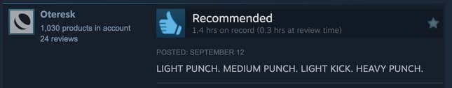 A positive Steam review in all caps reading, "LIGHT PUNCH. MEDIUM PUNCH. LIGHT KICK, HEAVY PUNCH."