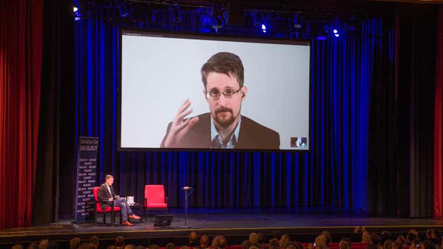 Edward Snowden promoting his book at a 2019 video conference in Berlin.
