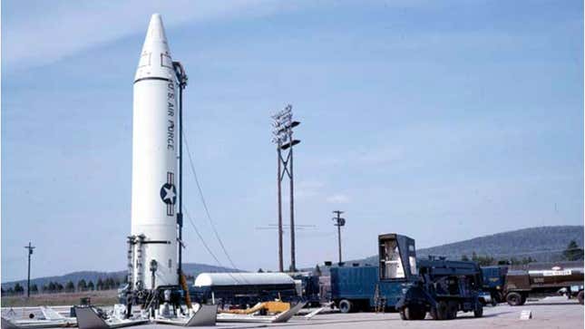 A photo of a Jupiter missile on a launch pad. 