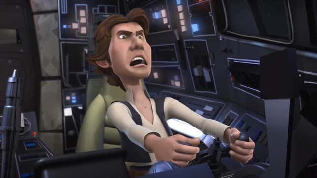 An animated Han Solo grimaces while flying the Millennium Falcon on Star Wars Detours.