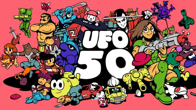 The cast of different games from UFO 50 surround the logo against a red background.