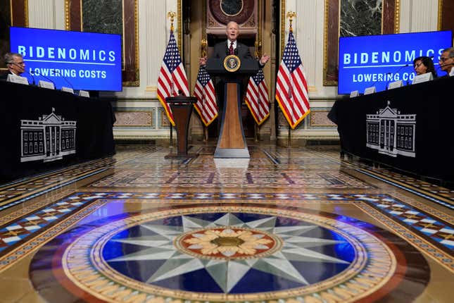 President Joe Biden speaks about supply chain issues in the Indian Treaty Room on the White House complex, Monday, Nov. 27, 2023, in Washington. (AP Photo/Andrew Harnik)