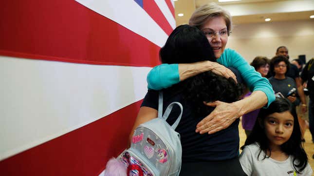 Presidential candidate Sen. Elizabeth Warren (D-Mass.) embraces a supporter at a campaign event, July 2, 2019, in Las Vegas.