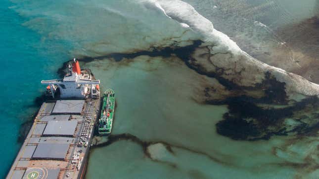 Oil leaks from the MV Wakashio, a bulk carrier ship that ran aground on a coral reef off the southeast coast of Mauritius, last August.