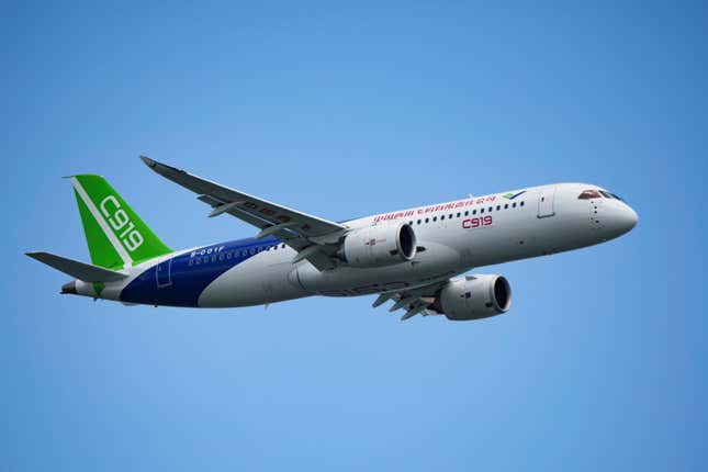 FILE - A China&#39;s Comac C919 aircraft performs during first day of Singapore Airshow in Singapore, Tuesday, Feb. 20, 2024. China’s C919 single-aisle jet made its international debut at the Singapore Airshow, attracting masses of visitors and hundreds of orders, but analysts say it still has a long way to go before it can compete with aircraft from market leaders Boeing and Airbus. (AP Photo/Vincent Thian, File)