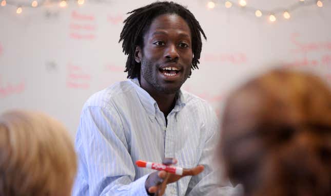 American poet Roger Reeves teaches a creative writing workshop at Stephen F Austin High School, Austin, Texas, February 9, 2010.