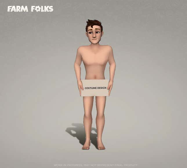 A Farm Folks character model stands naked holding a card that says "Costume Design" over their genitals. 