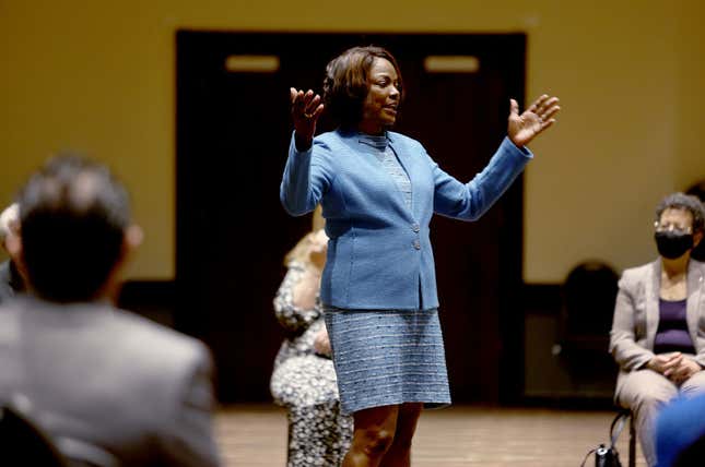 Democratic Senate candidate Rep. Val Demings (D-FL) speaks during a campaign stop with Jewish community leaders at the David Posnack Jewish Community Center on January 26, 2022, in Davie, Florida. 