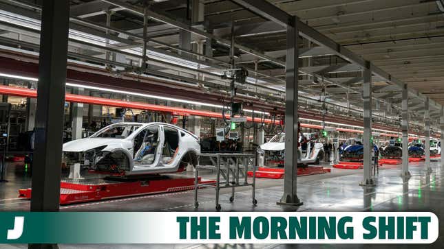 A photo inside the Tesla factory assembling EVs in Texas. 